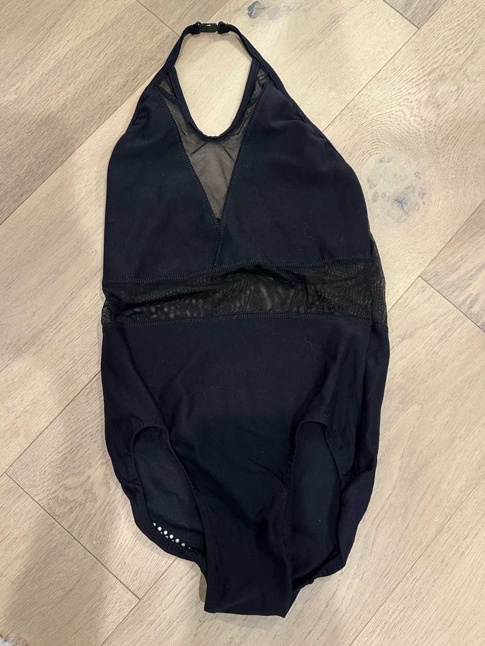 Kids Black Halter Dance Leotard with Mesh Insets